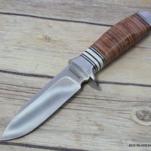 8.5 INCH BROWNING STACKED LEATHER FIXED BLADE HUNTING KNIFE WITH SHEATH