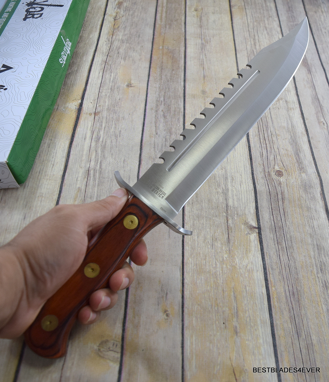 16.5 LARGE WOOD HANDLE BOWIE HUNTING KNIFE w/ SHEATH Fixed Blade Survival