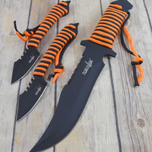 SURVIVOR FIXED BLADE HUNTING KNIFE & 2 THROWING KNIFE COMBO NYLON SHEATH