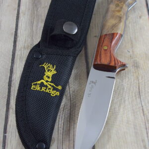 8.5″ ELK RIDGE PAKKAWOOD & BURL WOOD HANDLE FULL TANG HUNTING KNIFE WITH SHEATH