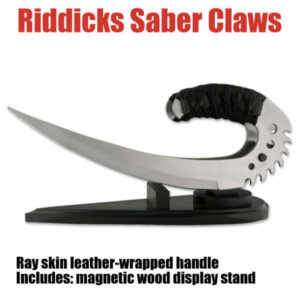 12 INCH OVERALL RIDDICKS SABER CLAWS BLACK DAGGER W/ MAGNETIC WOOD DISPLAY STAND